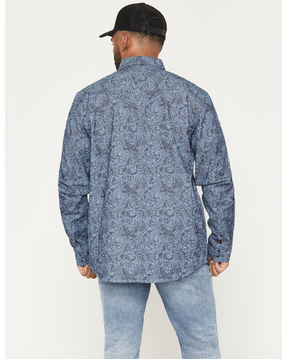 Image #4 - Cody James Men's FR Denim Paisley Long Sleeve Snap Shirt, Indigo, hi-res