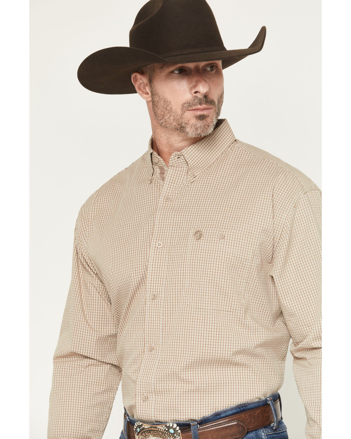 Image #2 - George Strait by Wrangler Men's Plaid Print Long Sleeve Button-Down Stretch Western Shirt, Brown, hi-res