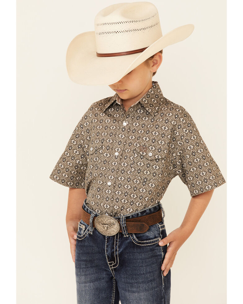 Panhandle Boys' Taupe Southwestern Print Short Sleeve Snap Western Shirt , Tan, hi-res
