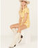 Show Me Your Mumu Women's Denim Cannon Sun Print Short Sleeve Romper , Mustard, hi-res