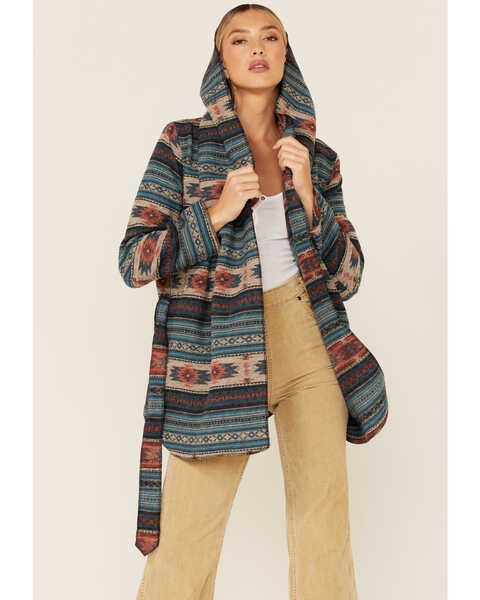 Image #1 - Cripple Creek Women's Turquoise Navajo Tie-Front Blanket Hooded Wrap Jacket , , hi-res