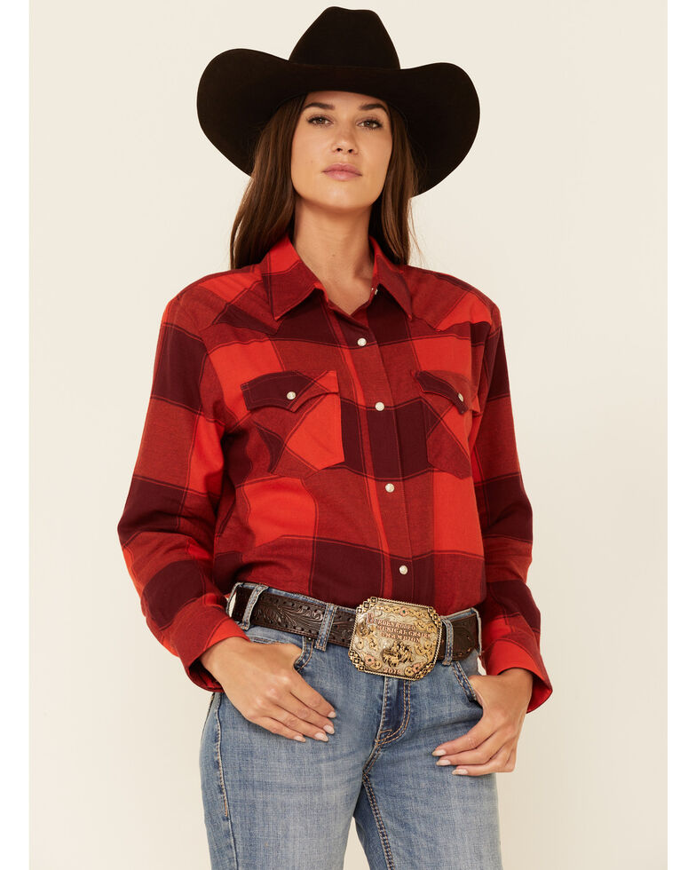 Wrangler Women's Red Buffalo Plaid Long Sleeve Snap Western Boyfriend Flannel Shirt , Red, hi-res