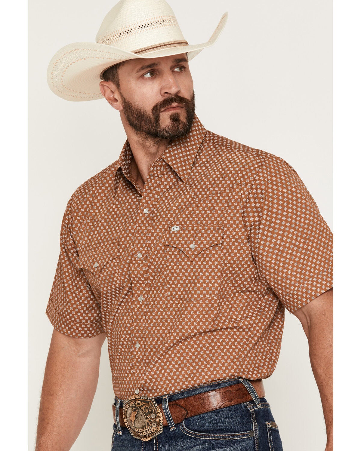 Image #2 - Ely Walker Men's Geo Print Short Sleeve Pearl Snap Western Shirt - Big, Tan, hi-res