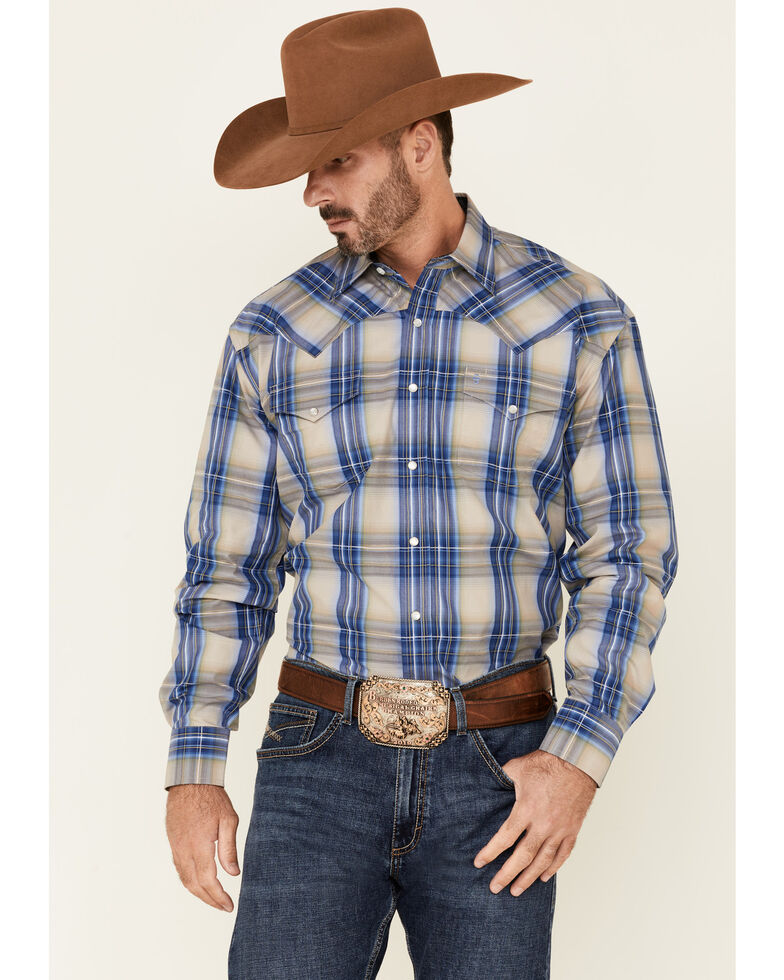 Stetson Men's Large Plaid Long Sleeve Snap Western Shirt , Blue, hi-res