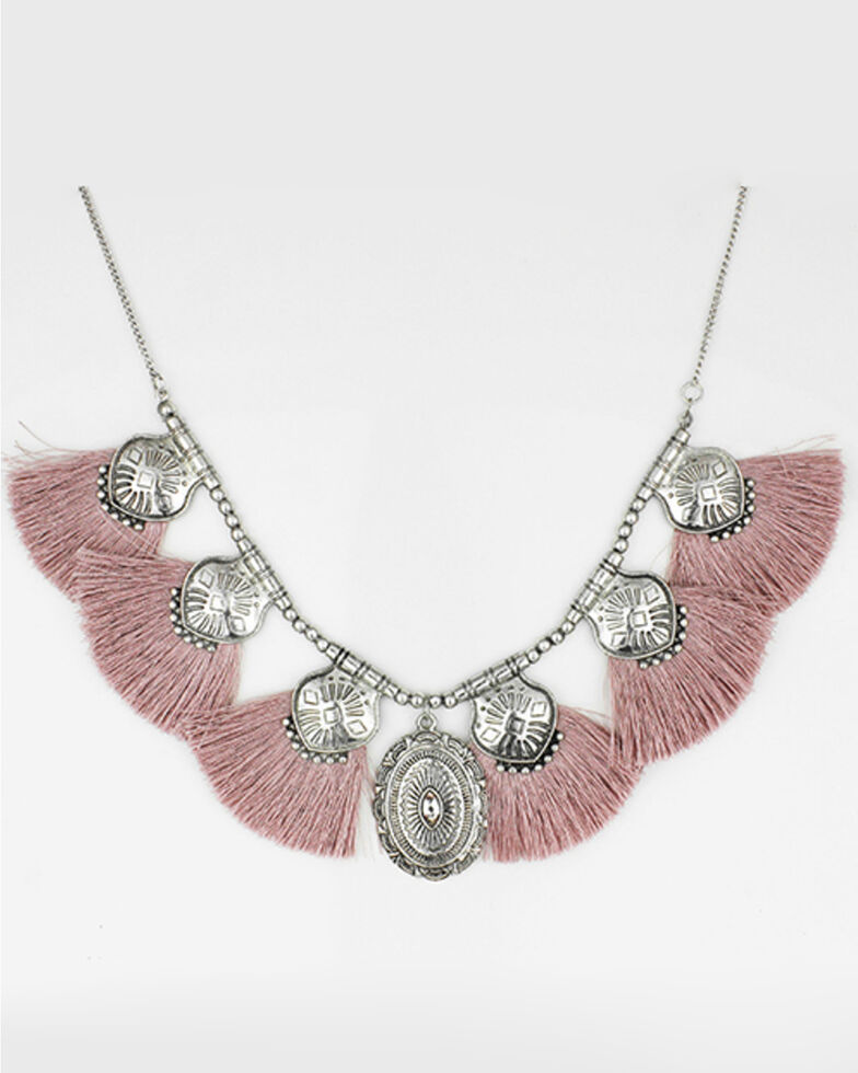 Prime Time Women's Pink Tassel & Silver Concho Necklace, Silver, hi-res
