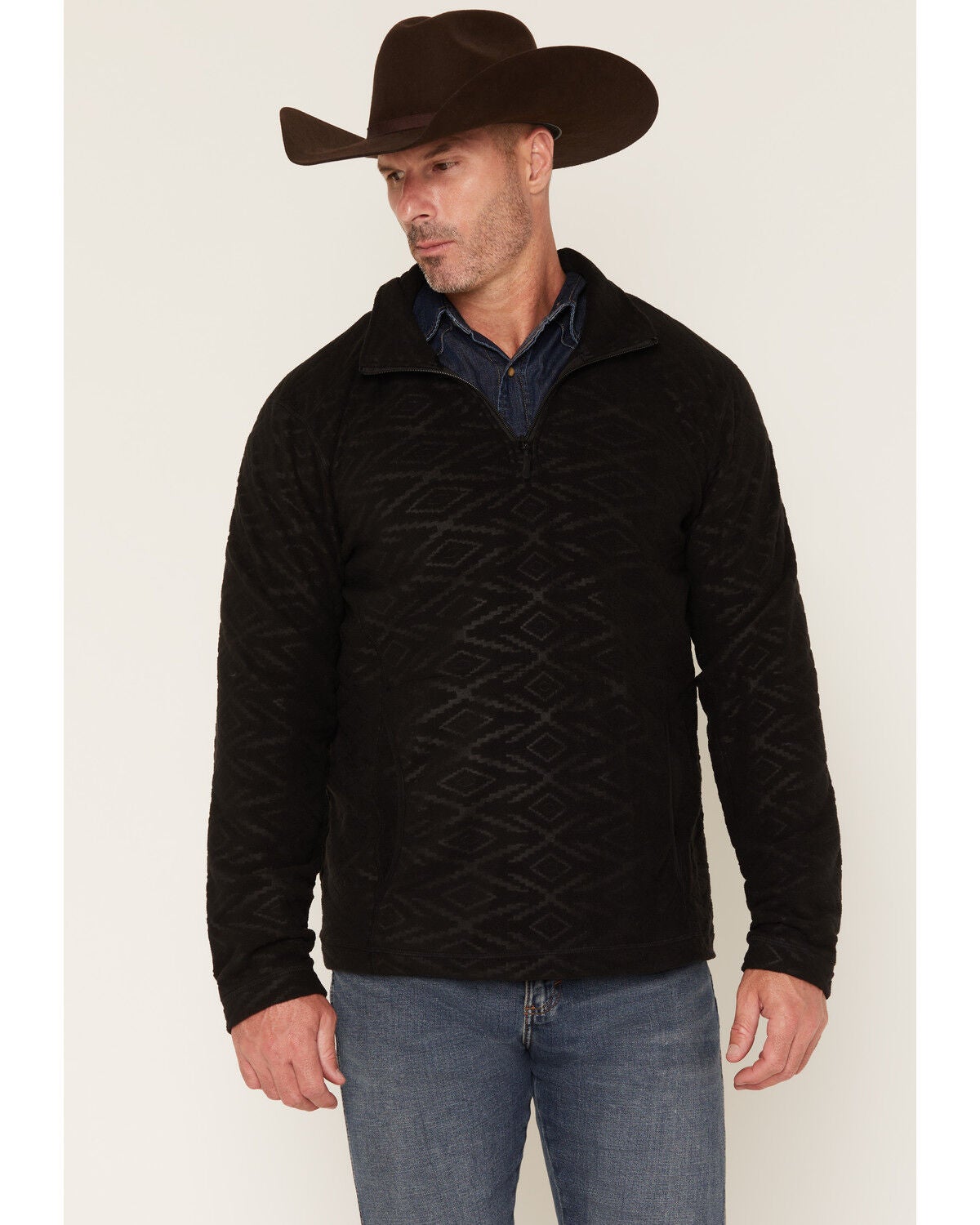 Panhandle Slim Men's Southwestern Print Embossed 1/4 Zip Pullover, Black, hi-res