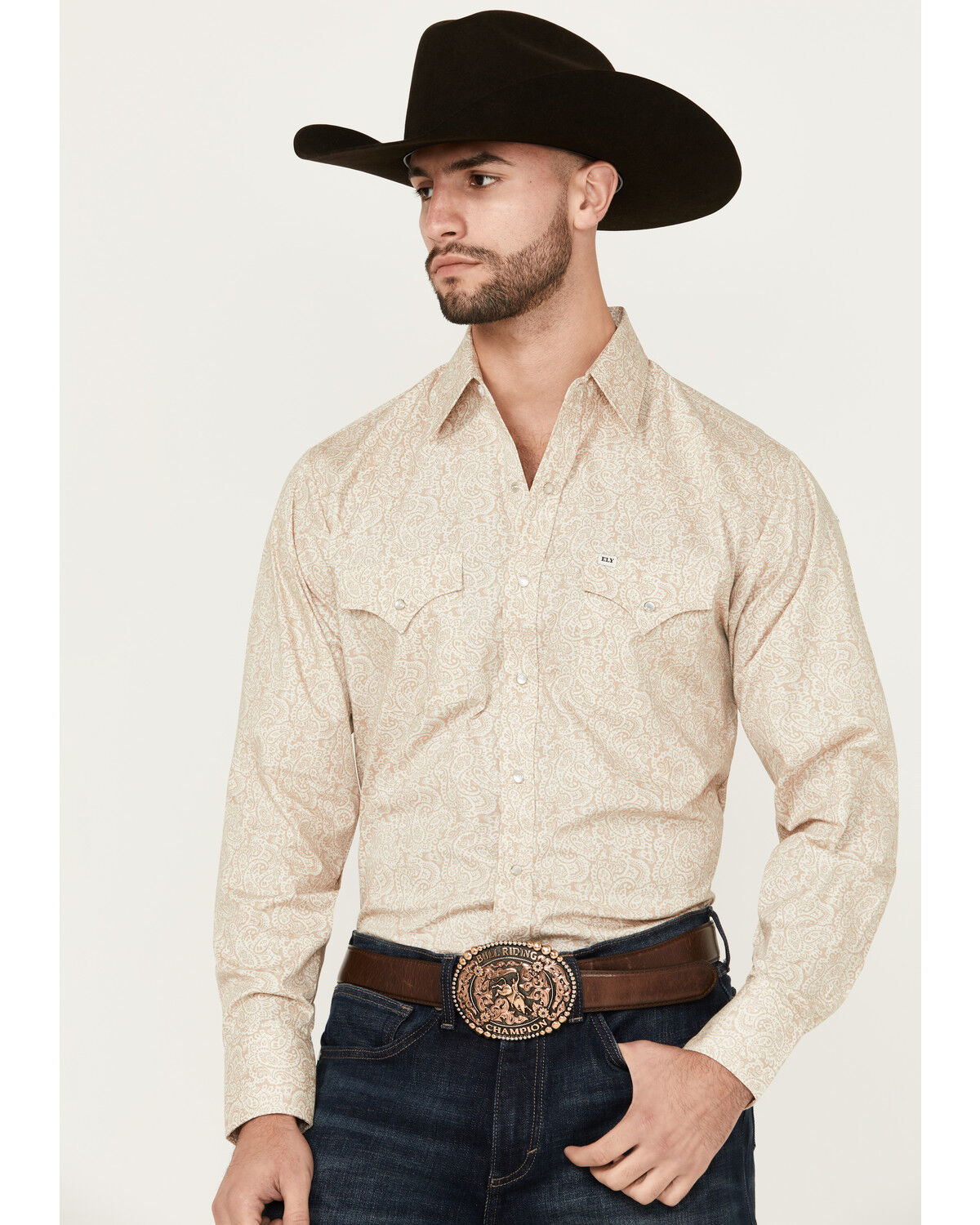Image #1 - Ely Walker Men's Paisley Print Long Sleeve Snap Western Shirt, Beige, hi-res