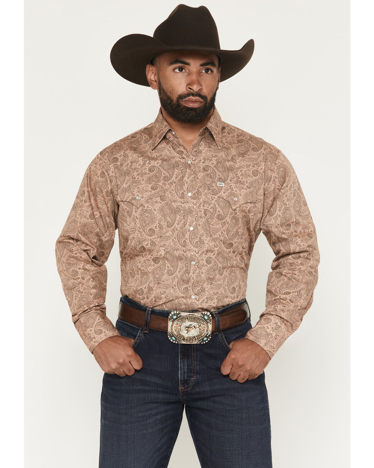 Ely Walker Men's Paisley Print Long Sleeve Pearl Snap Western Shirt - Tall, Khaki, hi-res