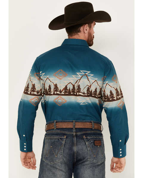 Panhandle Men's Southwestern Mountain Border Print Long Sleeve Pearl Snap Western Shirt, Blue, hi-res