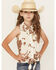 Image #1 - Shyanne Girls' Cow Print Sleeveless Pearl Snap Tie-Front Top, Coffee, hi-res