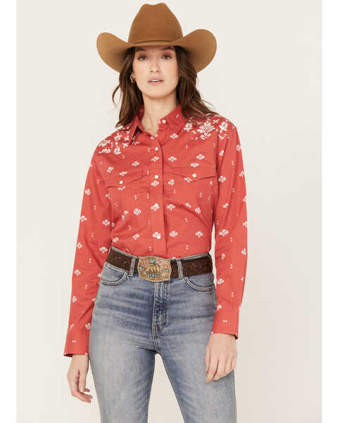 Wrangler Women's Southwestern Print Long Sleeve Western Pearl Snap Shirt, Red, hi-res