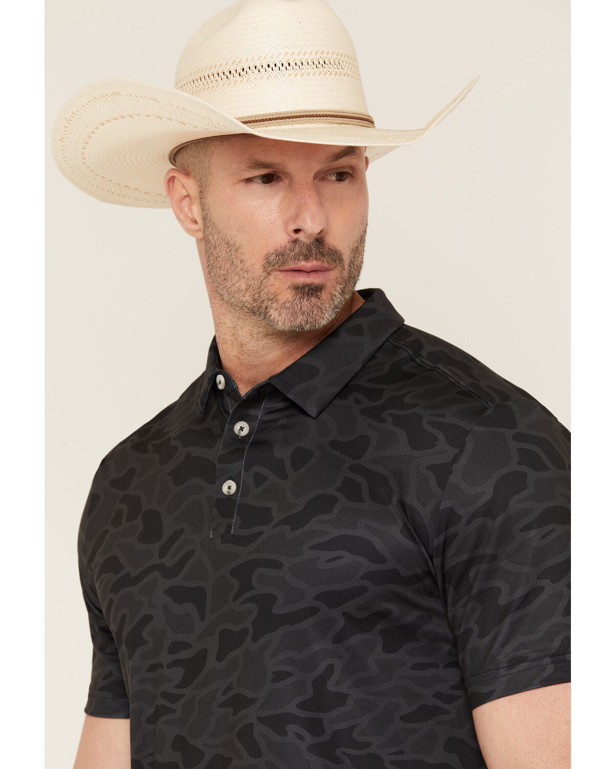 Image #2 - Burlebo Men's Camo Print Short Sleeve Button-Down Stretch Polo Shirt, Black, hi-res