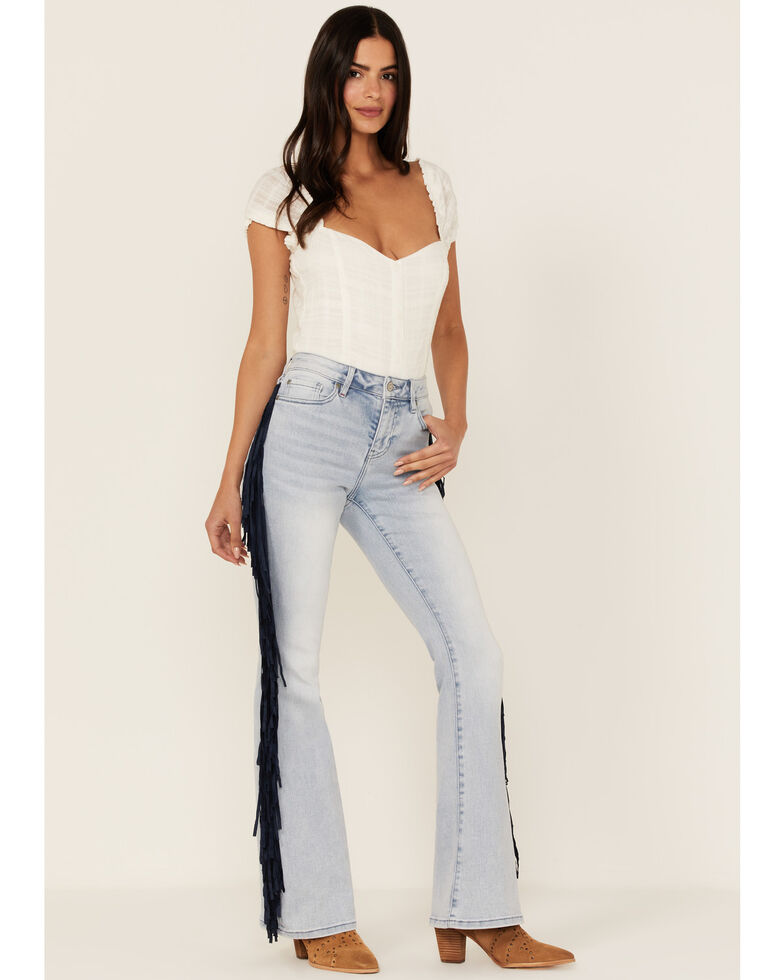 Idyllwind Women's Faux Suede Fringe Side High Rise Bootcut Jeans, Light Medium Wash, hi-res
