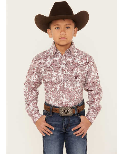 Cowboy Hardware Boys' Floral Paisley Print Long Sleeve Snap Western Shirt , Burgundy, hi-res