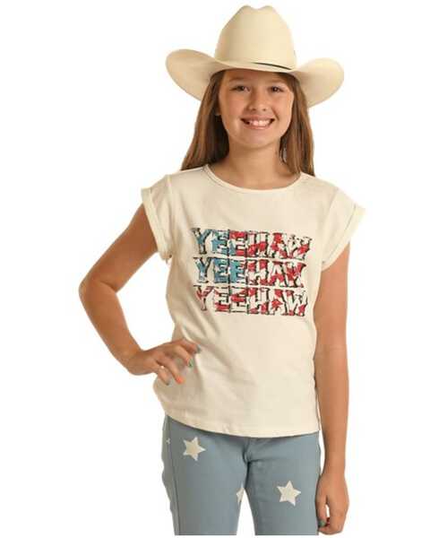 Image #1 - Panhandle Girls' Yeehaw Americana Short Sleeve Graphic Tee, Natural, hi-res