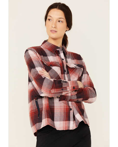 Wrangler ATG Women's All-Terrain Dark Plaid Print Long Sleeve Utility Flannel Core Shiirt , Burgundy, hi-res