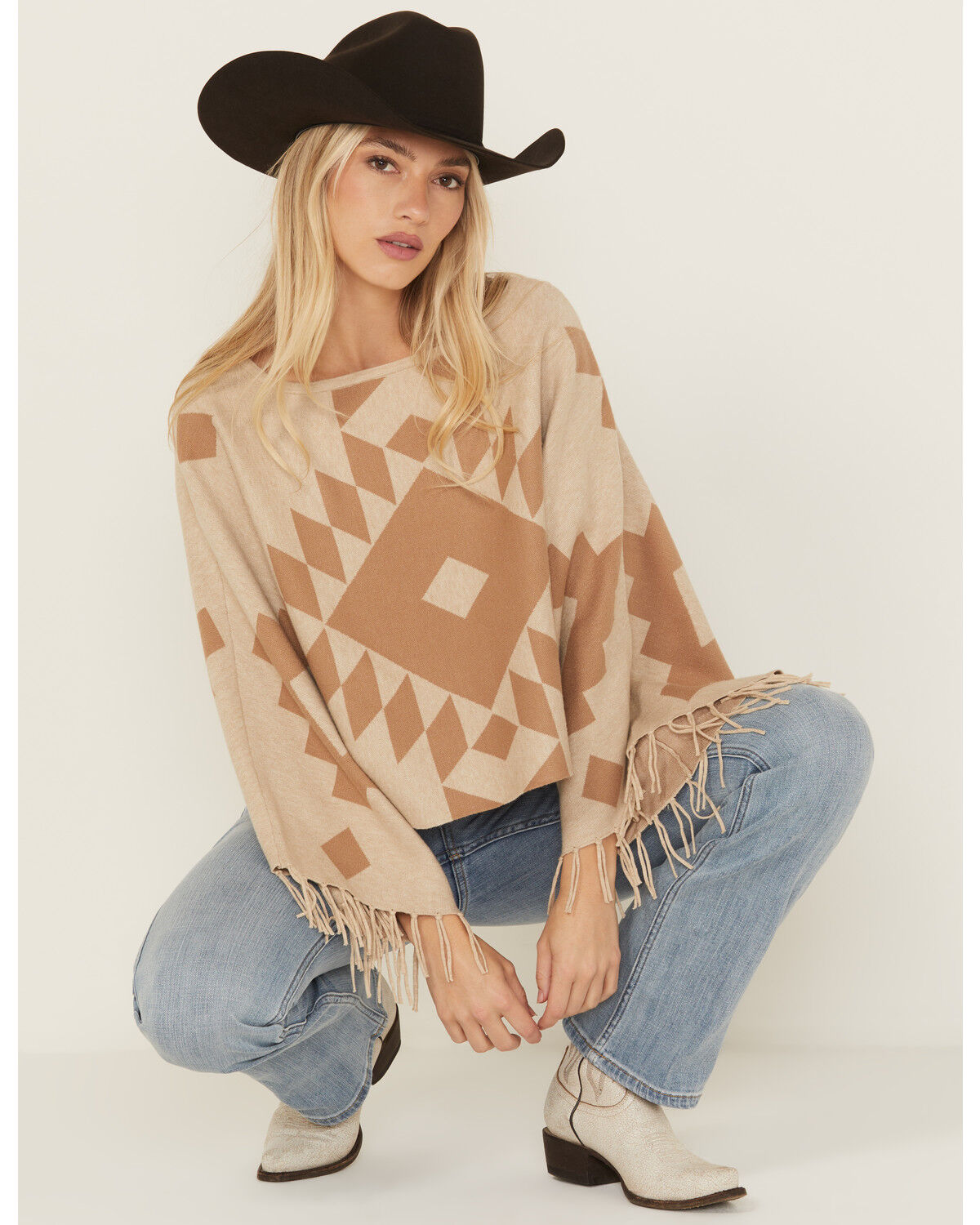 Image #1 - Ariat Women's Southwestern Print Sweater Poncho, Oatmeal, hi-res