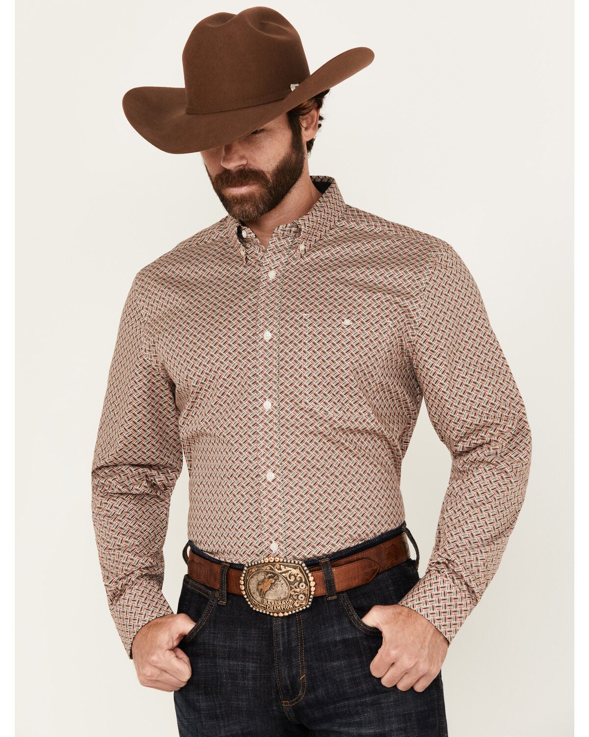 Image #1 - RANK 45&reg; Men's Wallace Geo Print Long Sleeve Button-Down Stretch Western Shirt, Ivory, hi-res