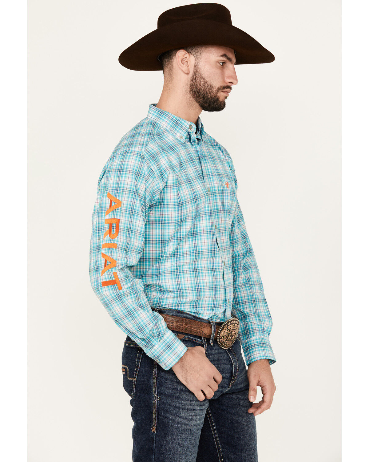 Image #1 - Ariat Men's Vincent Plaid Print Logo Long Sleeve Button-Down Western Shirt, Turquoise, hi-res