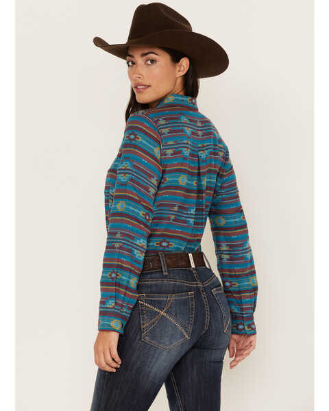 Ariat Women's R.E.A.L. Southwestern Print Billie Rae Long Sleeve Button-Down Western Shirt, Teal, hi-res