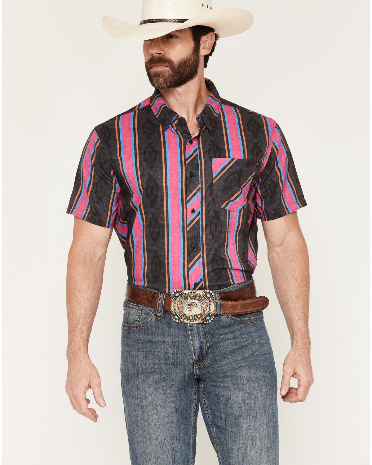 Rock & Roll Denim Men's TEK Southwestern Striped Short Sleeve Button-Down Stretch Western Shirt, Hot Pink, hi-res
