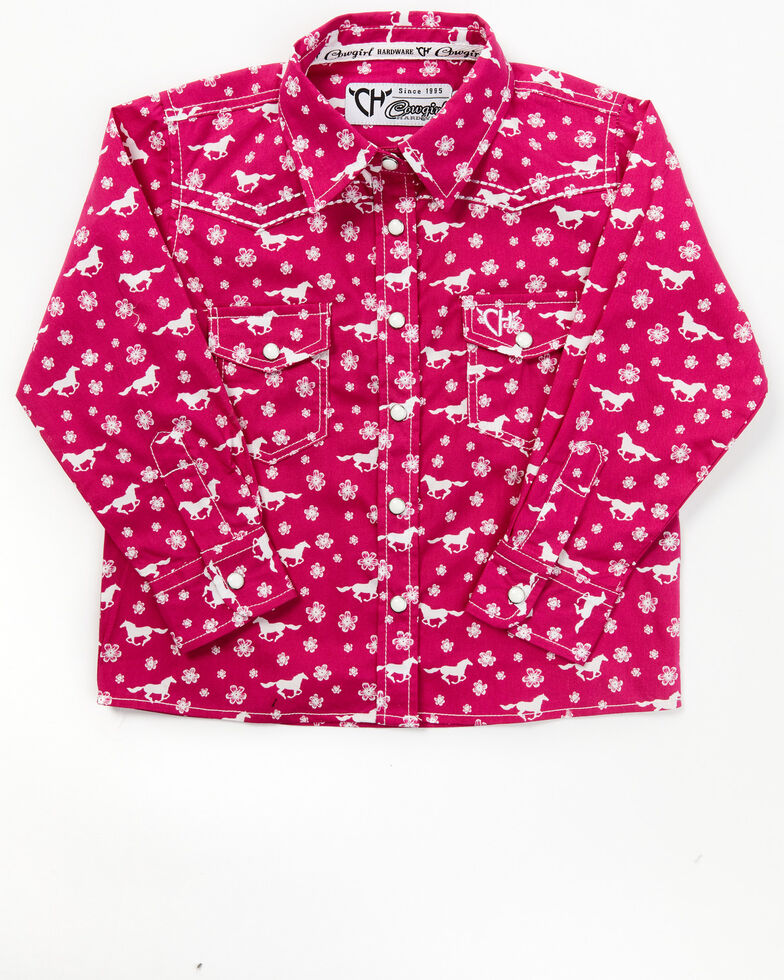 Cowgirl Hardware Toddler-Girls' Daisy Rider Fuchsia Print Long Sleeve Shirt , Hot Pink, hi-res