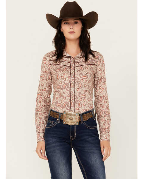 Image #1 - Rock & Roll Denim Women's Paisley Print Double Piping Long Sleeve Snap Western Shirt , Red, hi-res