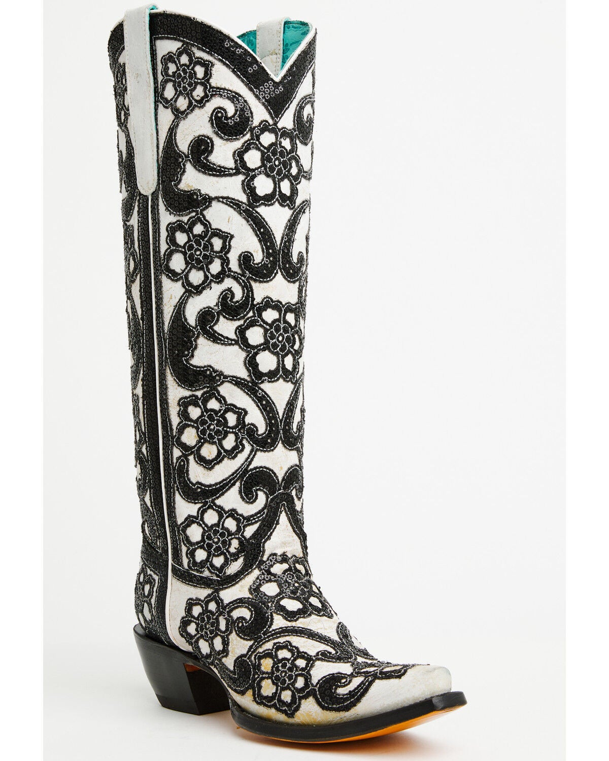 Image #1 - Corral Women's Floral Overlay Sequin Tall Western Boots - Snip Toe, Black/white, hi-res