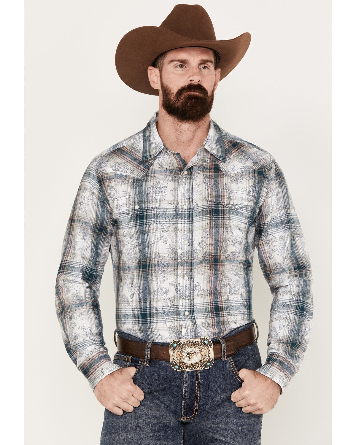 Image #1 - Wrangler Retro Men's Plaid Western Pearl Snap Shirt, White, hi-res