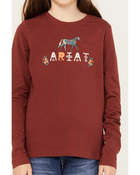 Image #3 - Ariat Girls' Blossom Pony Long Sleeve Graphic Tee, Brick Red, hi-res