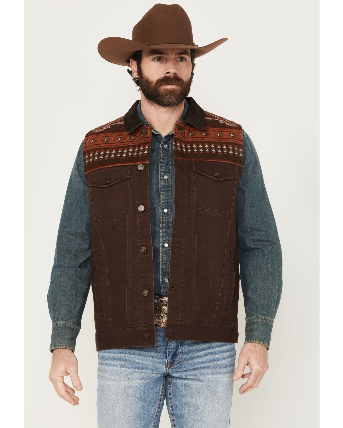 Cody James Men's Iroquois Southwestern Trucker Vest, Brown, hi-res