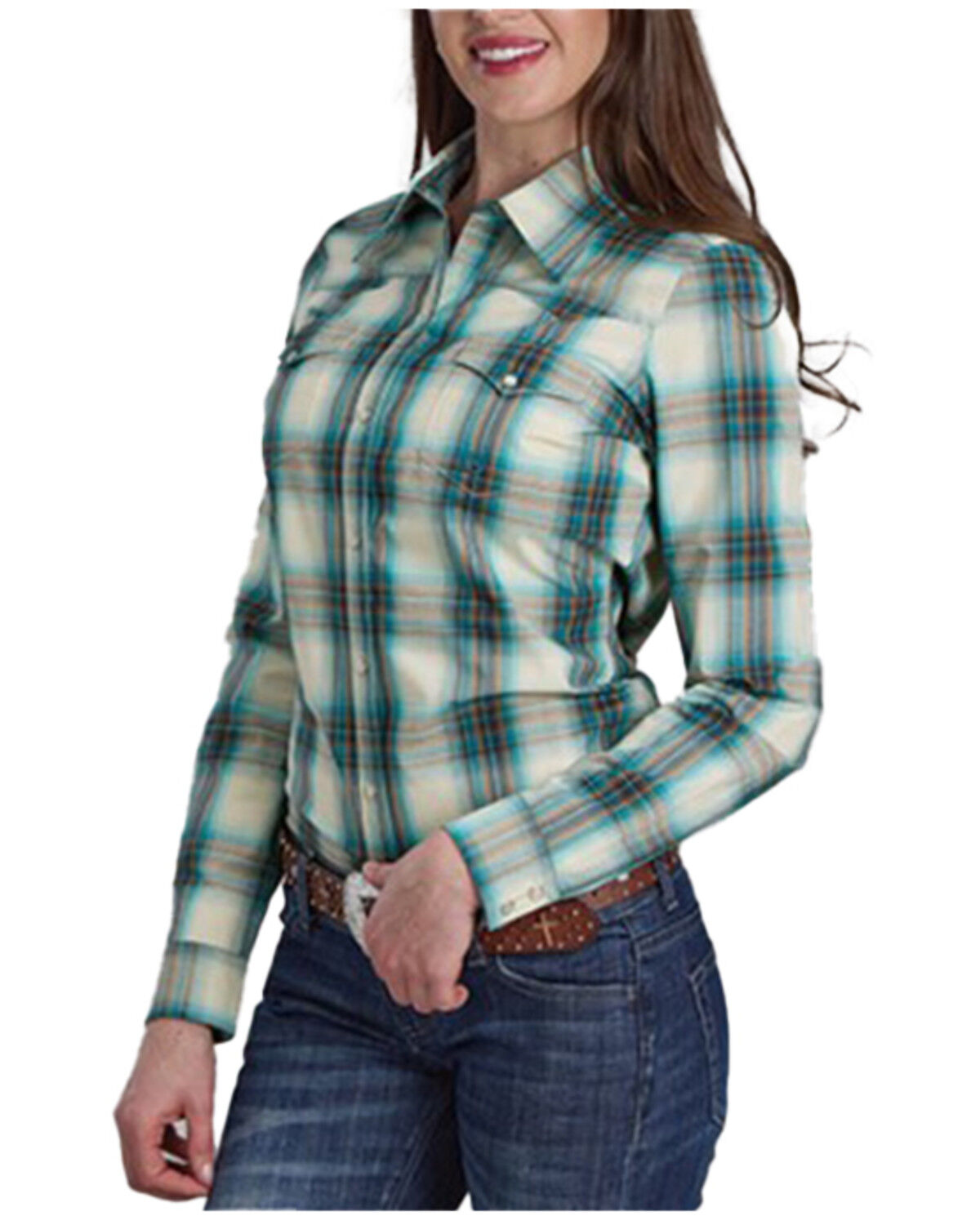Image #1 - Roper Women's Amarillo Plaid Print Long Sleeve Snap Western Shirt, Teal, hi-res