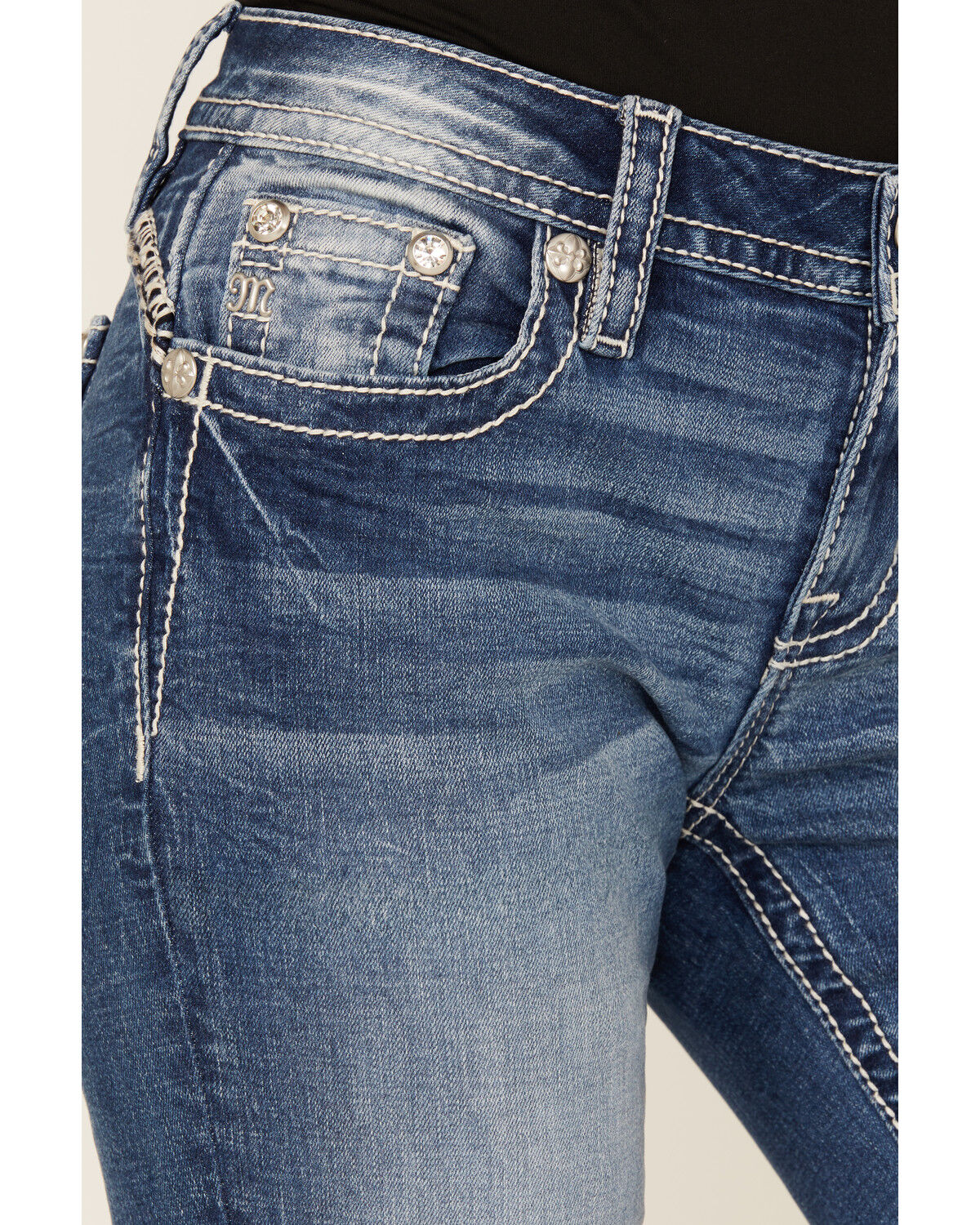 Image #4 - Miss Me Women's Medium Wash Mid Rise Southwestern Print Pocket 32" Bootcut Stretch Denim Jeans, Medium Wash, hi-res