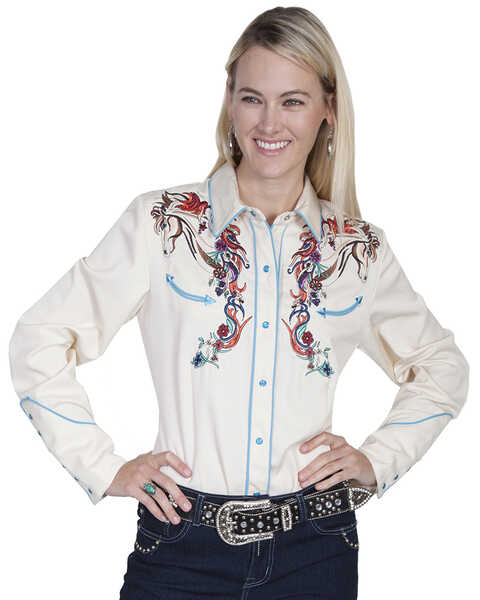 Image #1 - Scully Women's Colorful Horse Embroidered Long Sleeve Pearl Snap Shirt, Cream, hi-res