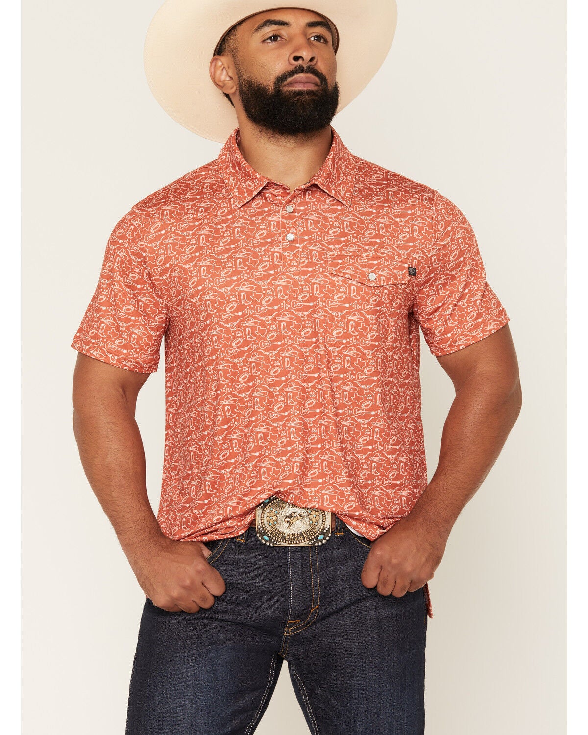 Panhandle Men's Game Day Short Sleeve Snap Stretch Polo, Orange, hi-res