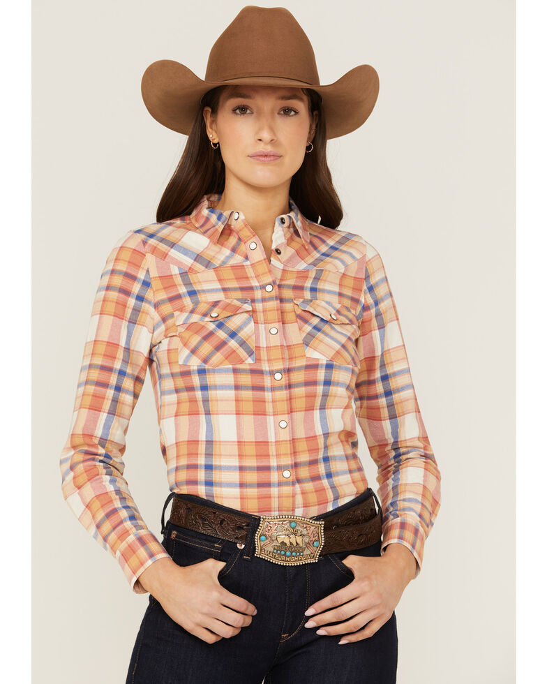 Rank 45 Women's Plaid Print Long Sleeve Western Snap Shirt, Ivory, hi-res