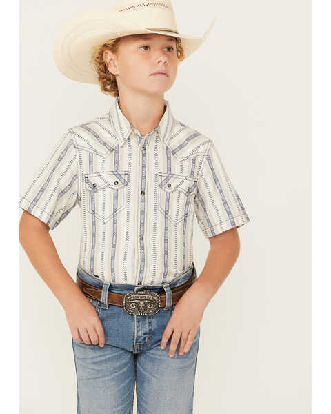 Cody James Boys' Southwestern Dobby Striped Short Sleeve Snap Western Shirt , Ivory, hi-res