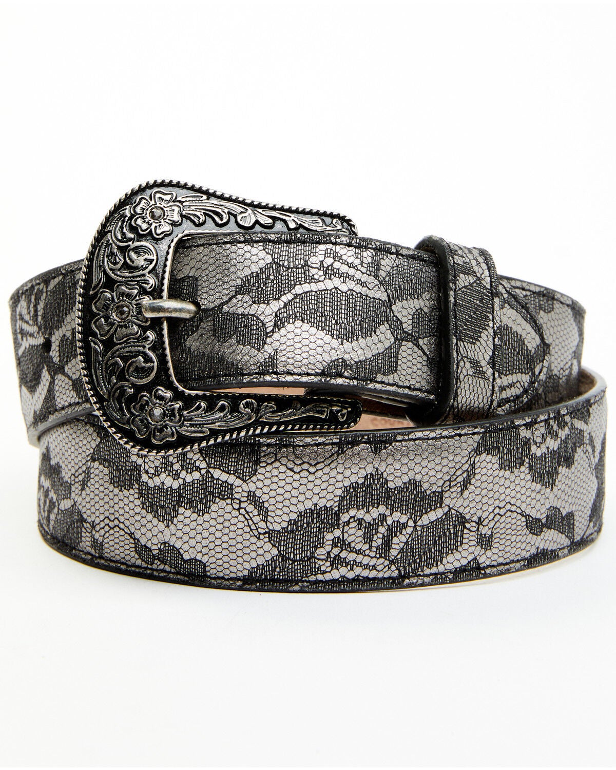 Shyanne Women's Silver Floral Lace Belt, Black, hi-res