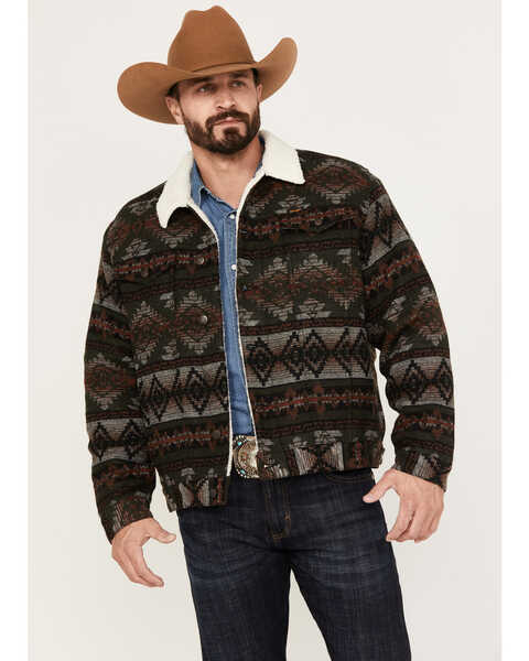 Wrangler Men's Southwestern Print Sherpa Button Down Jacquard Jacket, Olive, hi-res
