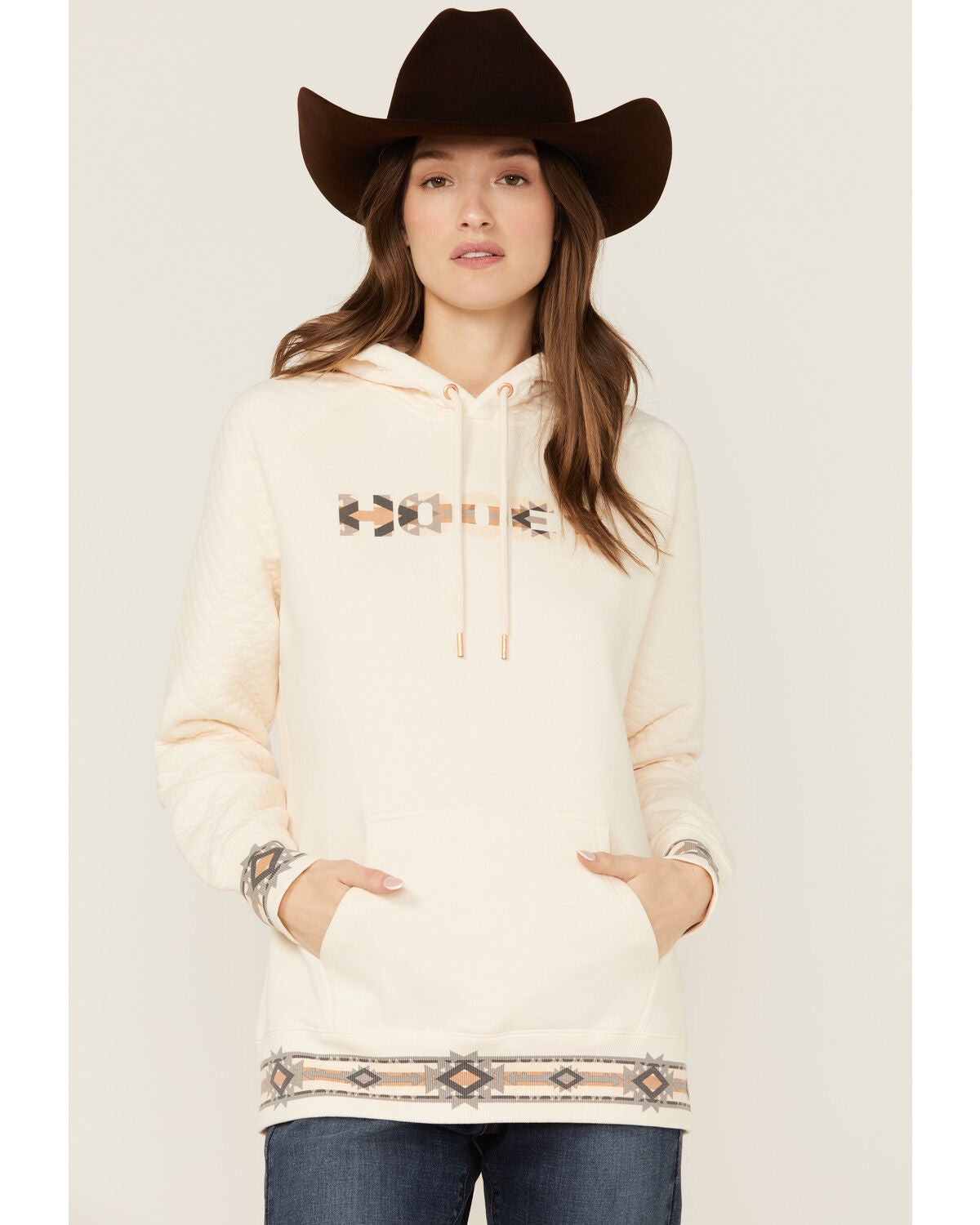 Hooey Women's Southwestern Print Trim Hoodie, Cream, hi-res
