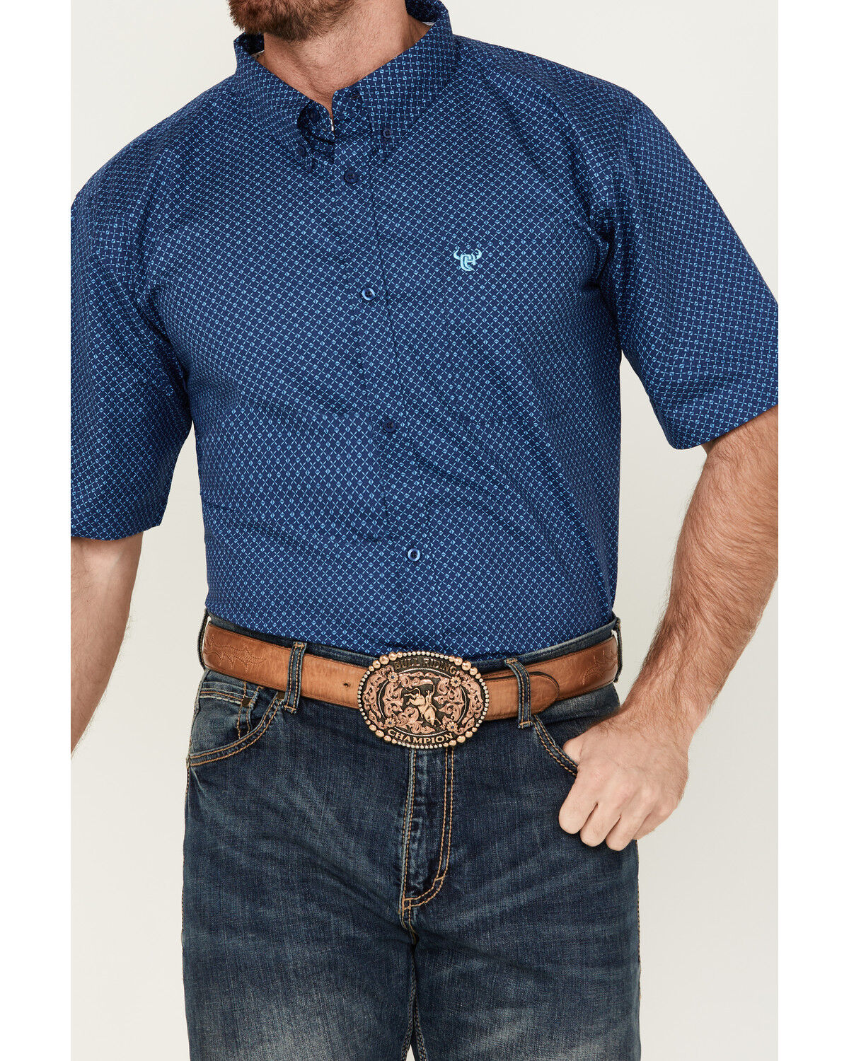 Image #3 - Cowboy Hardware Men's Boot Barn Exclusive Diamond Quilt Geo Print Short Sleeve Button-Down Western Shirt, Navy, hi-res