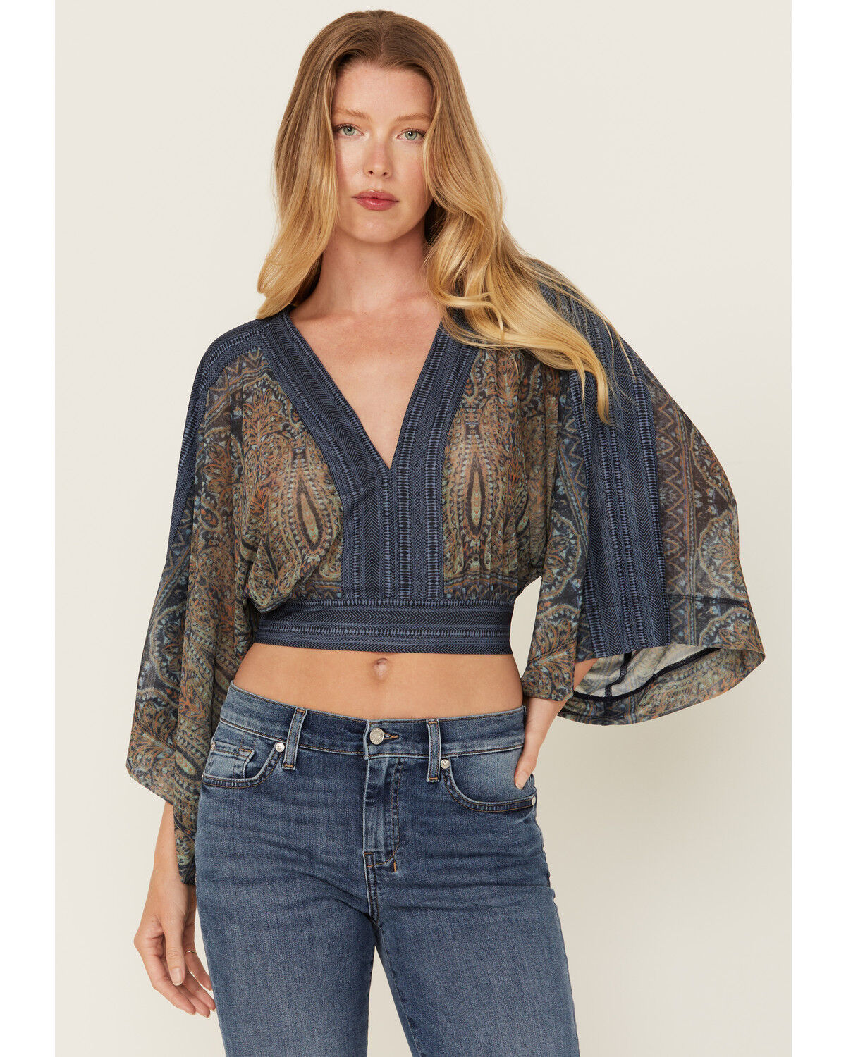 Image #1 - Beyond The Radar Women's Paisley Print Mesh Long Sleeve Top, Blue, hi-res