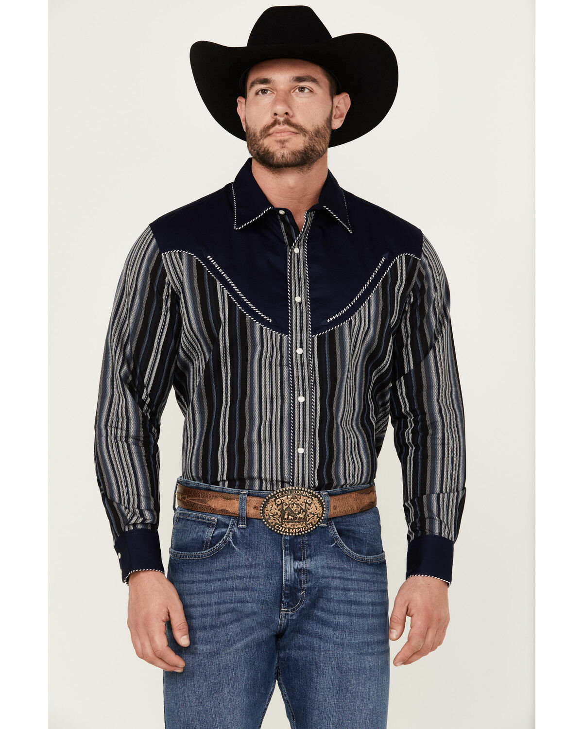 Image #1 - Wrangler Men's Rodeo Ben Striped Long Sleeve Snap Western Shirt, Navy, hi-res