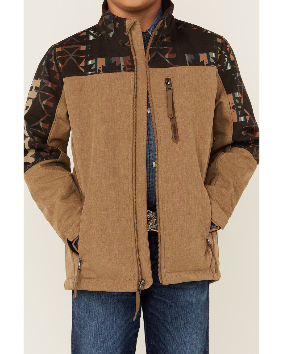 Image #3 - Hooey Boys' Southwestern Print Color Block Softshell Jacket, Tan, hi-res
