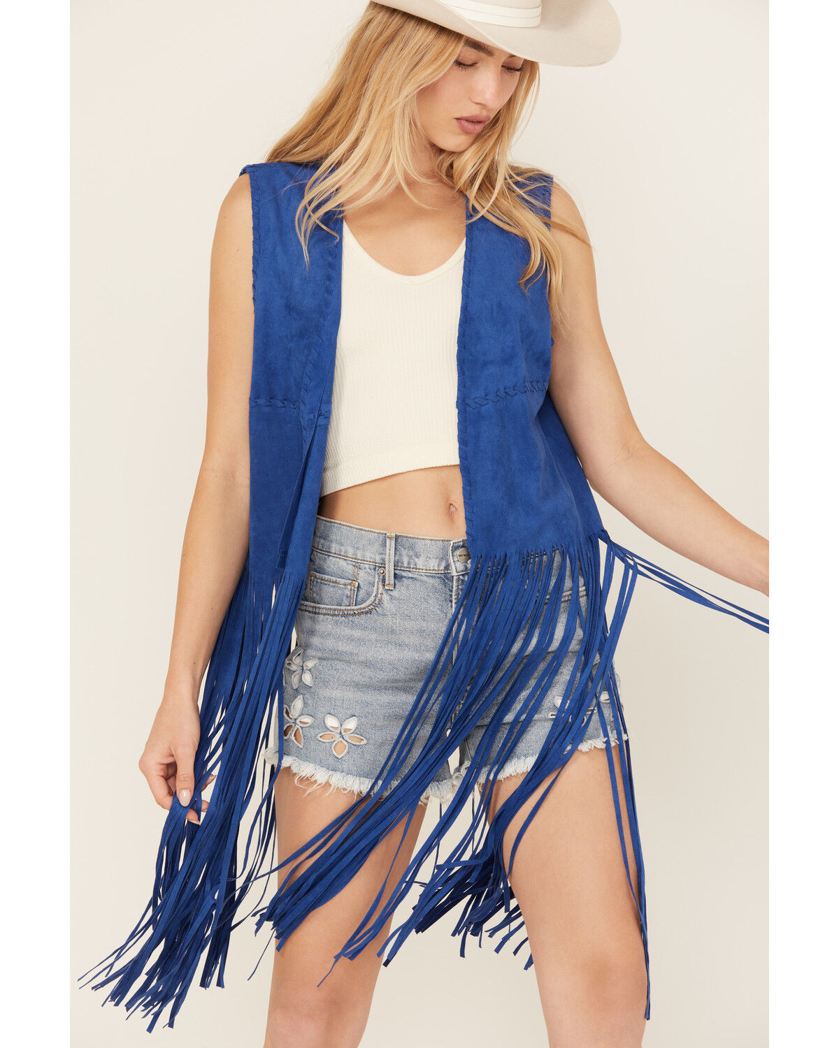 Image #2 - Fornia Women's Faux Suede Fringe Vest, Blue, hi-res