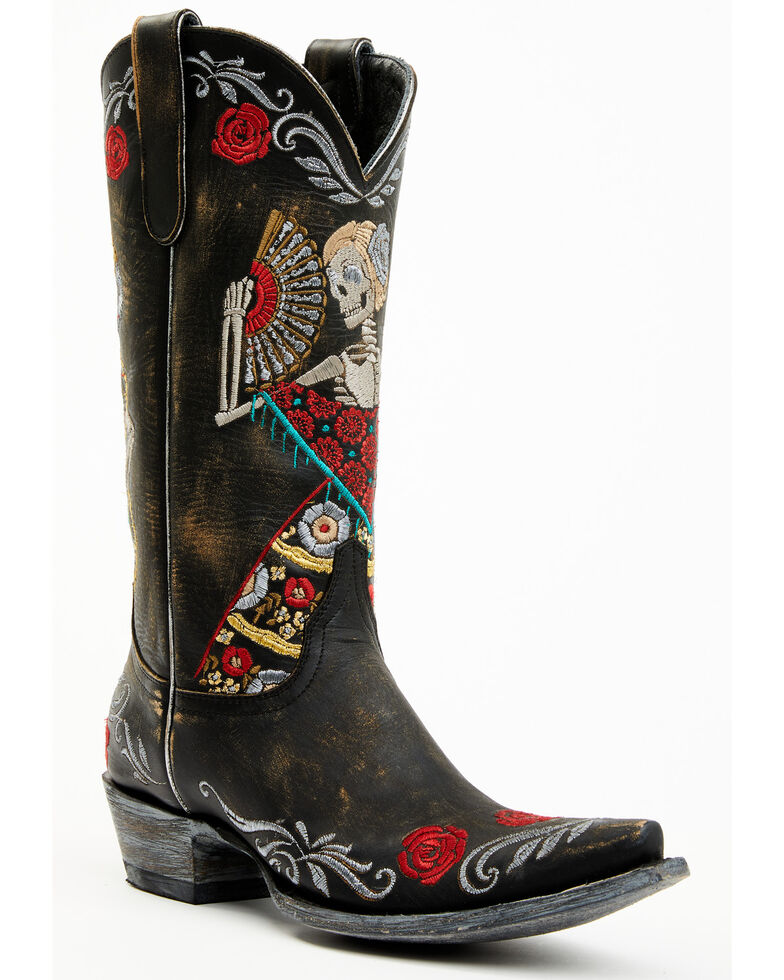 Old Gringo Women's Reinas La Catrina Skeleton & Floral Embroidered Tall Western Leather Boots - Snip Toe, Black/white, hi-res