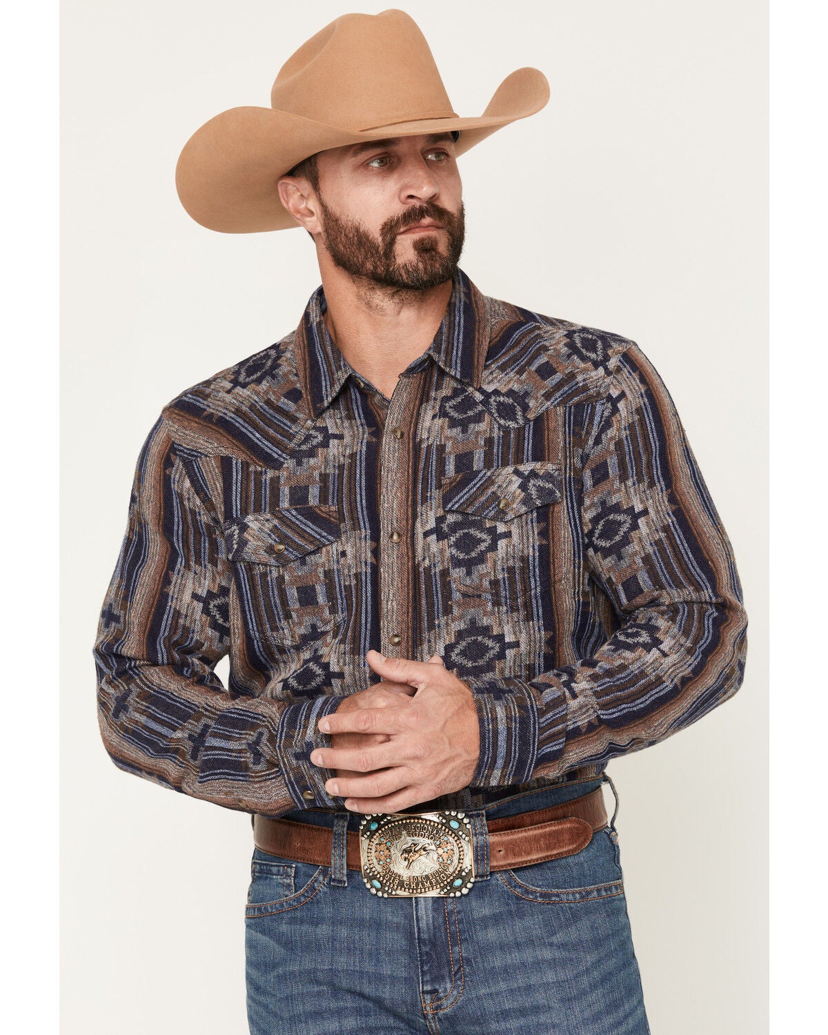 Image #1 - Cody James Men's Outpost Southwestern Print Long Sleeve Snap Flannel Shirt, Blue, hi-res