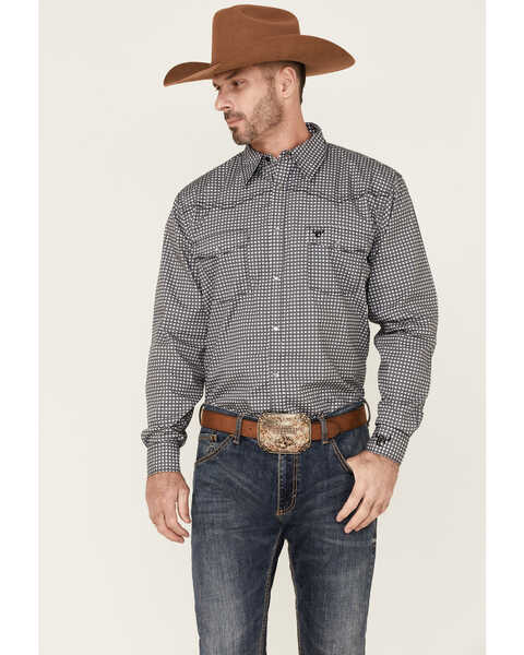Cowboy Hardware Men's Wavy Square Geo Print Long Sleeve Pearl Snap Western Shirt , Charcoal, hi-res
