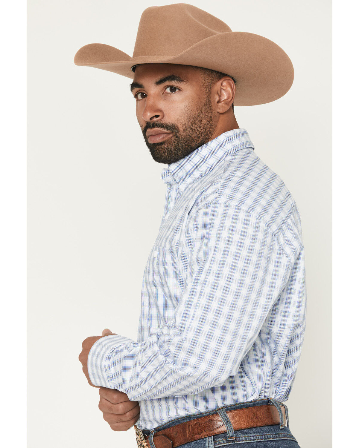 Image #2 - George Strait by Wrangler Men's Plaid Print Long Sleeve Button-Down Stretch Western Shirt, White, hi-res
