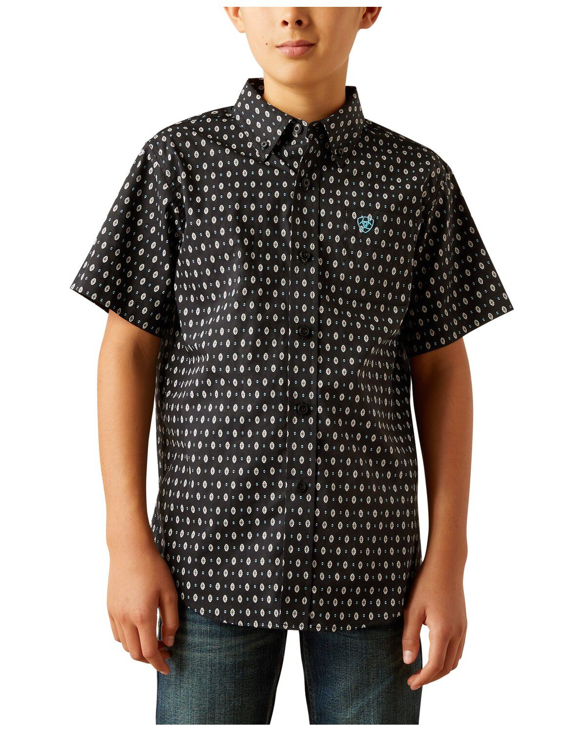 Image #1 - Ariat Boys' Southwestern Geo Print Short Sleeve Button-Down Western Shirt, Black, hi-res
